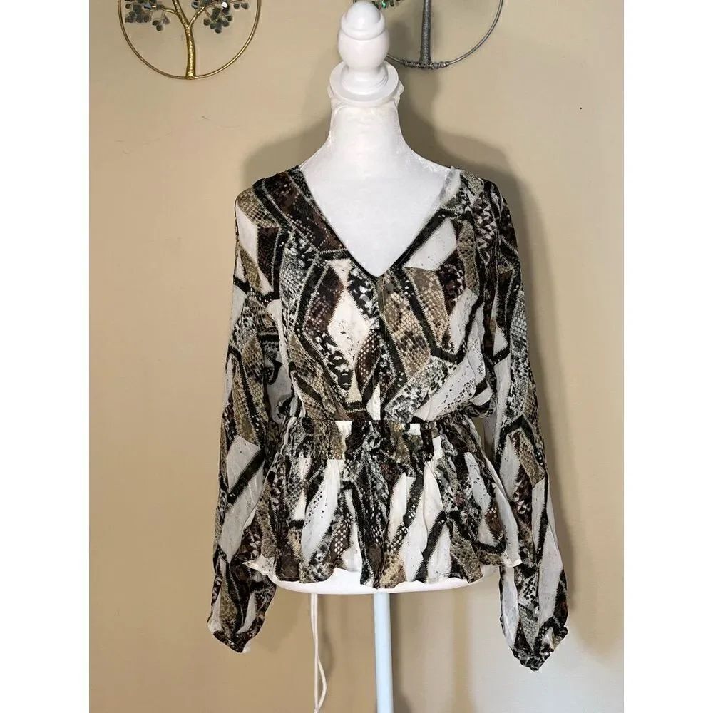 H&M Snakeskin Pattern Print Semi Sheer Deep V Blouse Size 2 - Picture 1 of 11